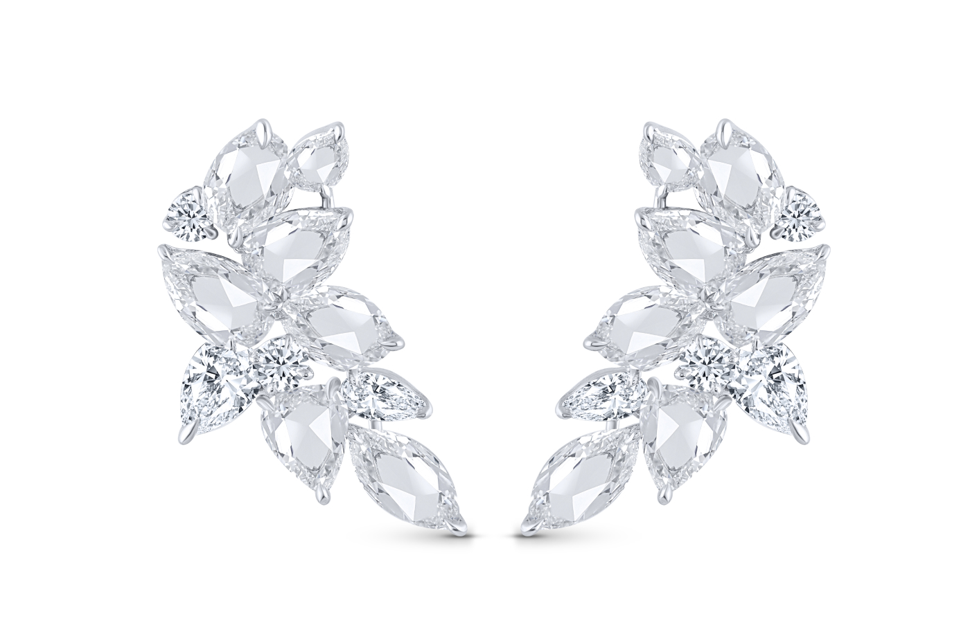 HARAKH Cascade climber earrings with round, pear, rose-cut pear and rose-cut marquise diamonds in 18k white gold 