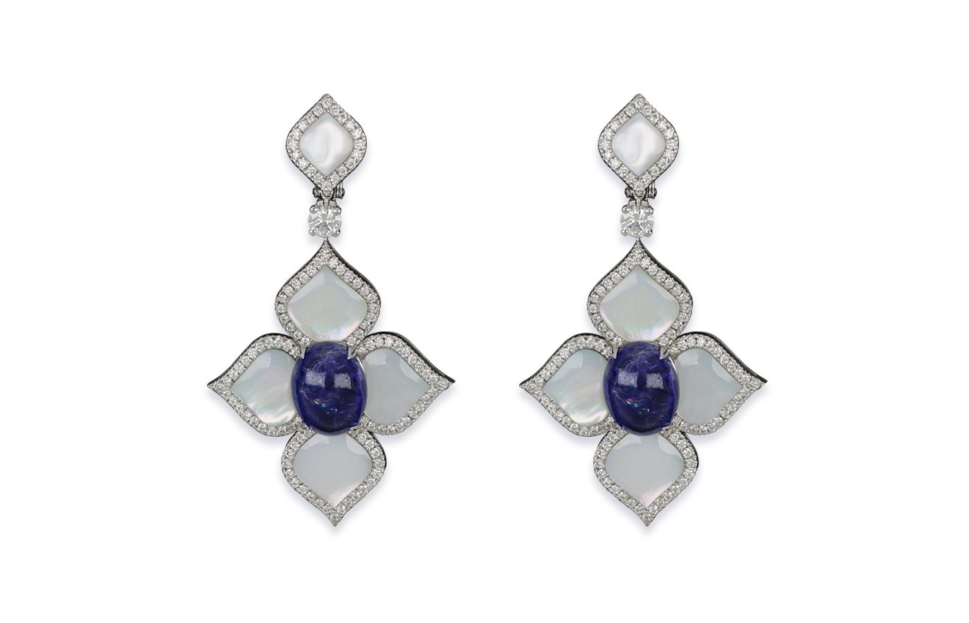 J’OR Jewels earrings from the Harem collection with tanzanite cabochons, mother of pearl and colourless diamonds in 18k white gold 