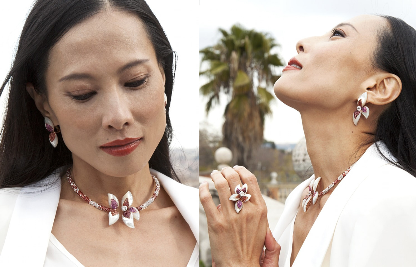 A model wears an 18k rose gold necklace, earrings and a ring from the Lilium collection by J’OR Jewels, set with pink and orange sapphires, rubies, diamonds and mother of pearl