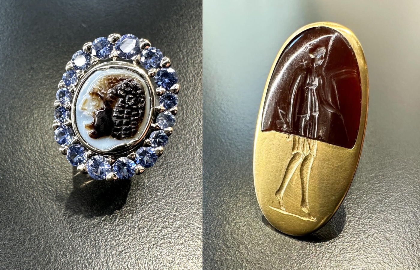 Maison Auclert Camée Théâtre ring (left) with a rare Roman cameo in brown and bluish-grey agate and blue-grey sapphires in 18k gold and the Diane brooch (right) with a sardonyx intaglio, set in yellow gold 