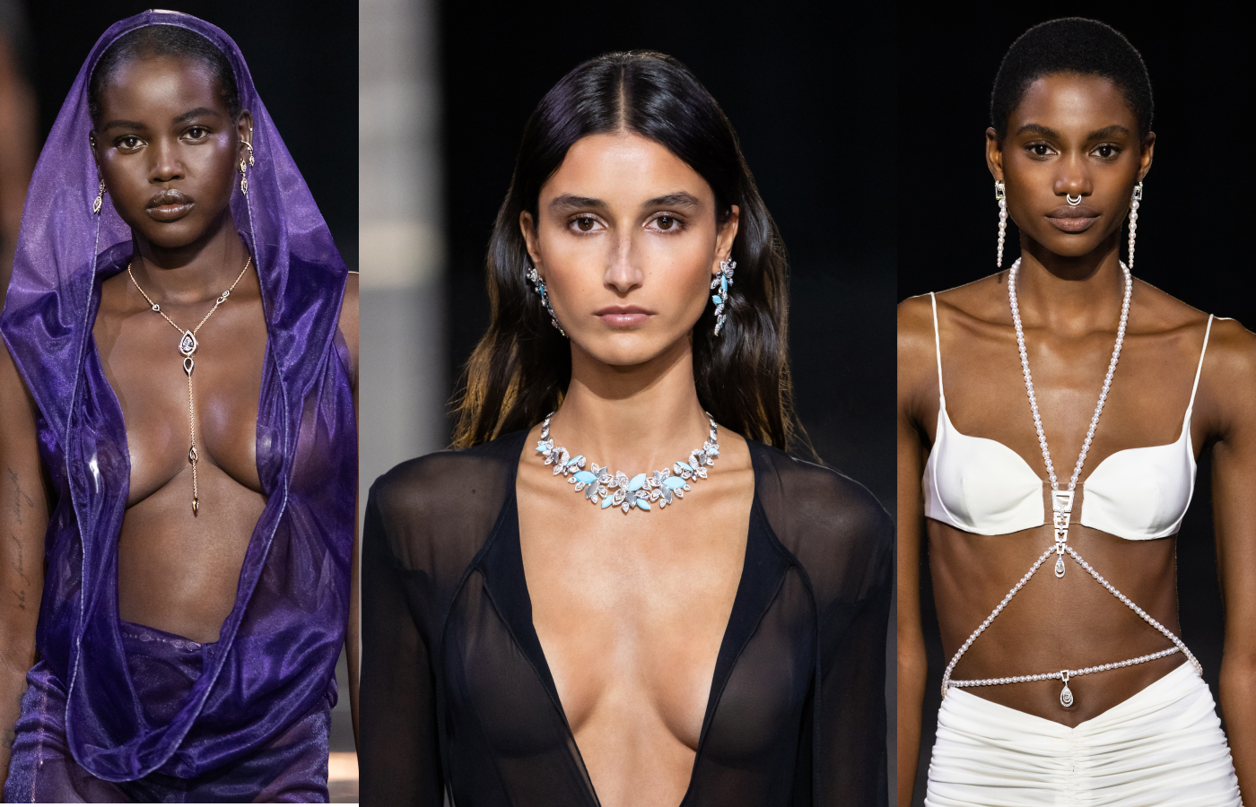 From left to right: Models wearing Messika Fiery high jewellery suite in rose gold and diamond, Blooming Euphoria suite in white gold turquoise and diamond, and Disco Pulsation suite in white gold, pearl and diamond