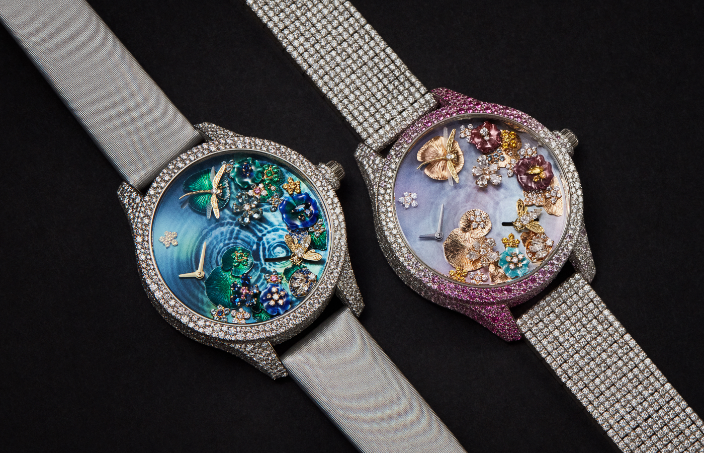 Dior Grand Soir Automate Miroir d’Eau watches in coloured mother- of-pearl, enamel, pink and yellow sapphire, spessartite, Gallus Gallus feather and diamond