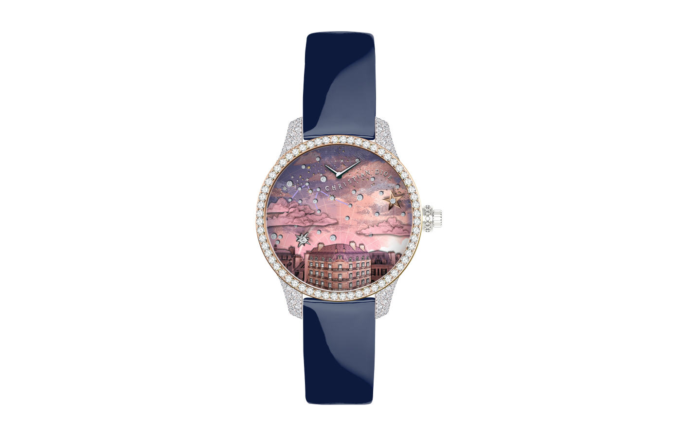 Dior Grand Soir Automate Etoile de Monsieur Dior watch in white gold, pink gold, hand painted enamel, printed pink mother of pearl and diamond