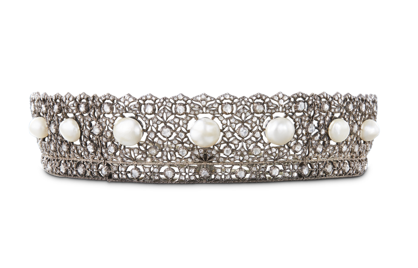 Buccellati gold-lined silver, pearl and diamond tiara designed by Mario Buccellati