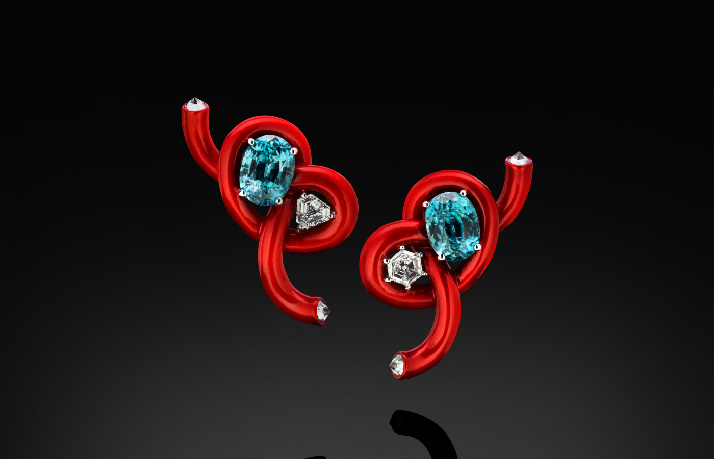 Austy Lee ‘The Red Figure8 Knot’ earrings from The Lock-Knot collection in 18k white gold with blue zircon, red enamel and white diamonds