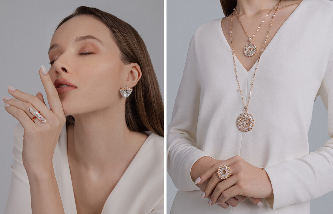 Models wearing Bijou.Q jewels in rose gold, ruby, mother-of-pearl and diamond from the Rose Collection