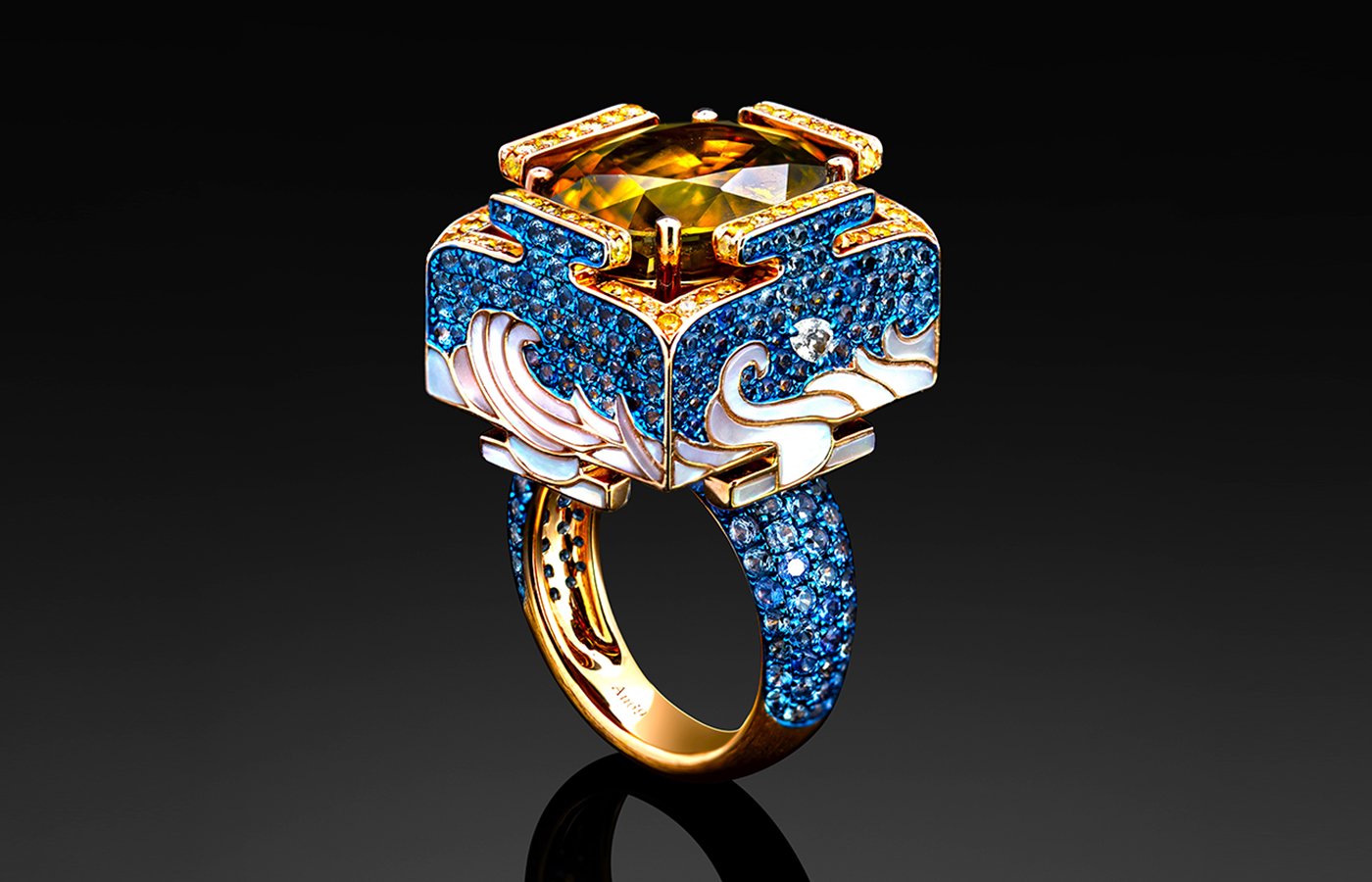 Austy Lee Holywater Flagon ring in rose gold with Sri-lankan sphene, blue sapphires, mother-of-pearl, fancy vivid yellow diamond and diamond from the Sanctus-Cubus collection