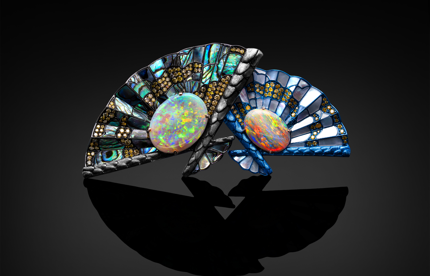 Austy Lee Hahatoko Akomeogi brooch in rose gold, Australian semi-black opal, mother-of-pearl, abalone shell and fancy yellow diamond from the Rainbow Prism collection