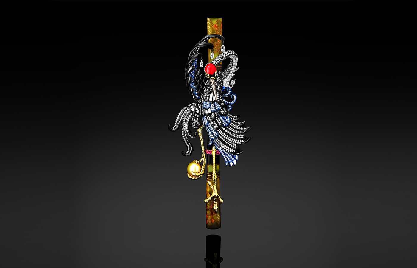 Austy Lee ‘The Tsuruhime Sen no Odori’ brooch/hairpin from The Ancient Fetus collection in 18k yellow gold with antique Meiji lacquerware hairpin, South Sea golden pearl, rubies, blue sapphires, red and black enamel, mop, onyx, fancy colour diamonds and white diamonds