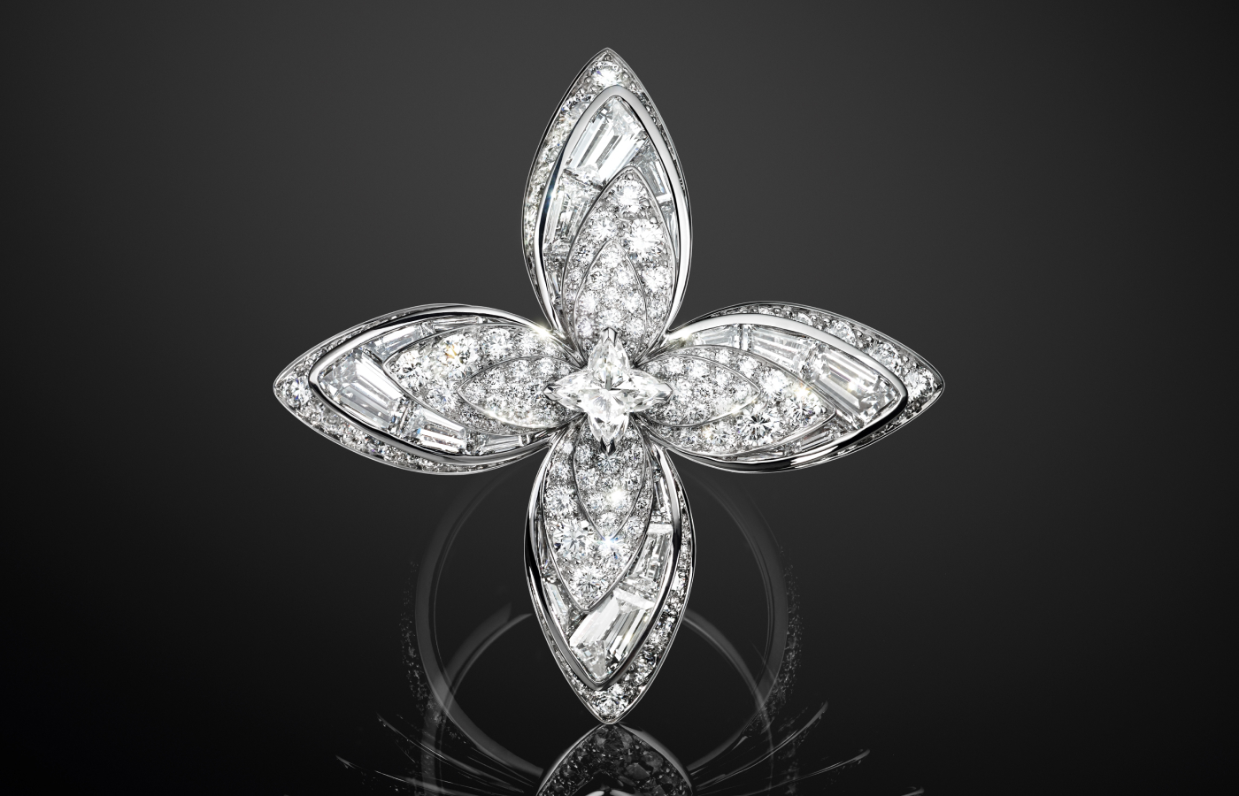 Louis Vuitton Deep Time Chapter II high jewellery ring in white gold and diamond featuring a custom cut LV logo diamond