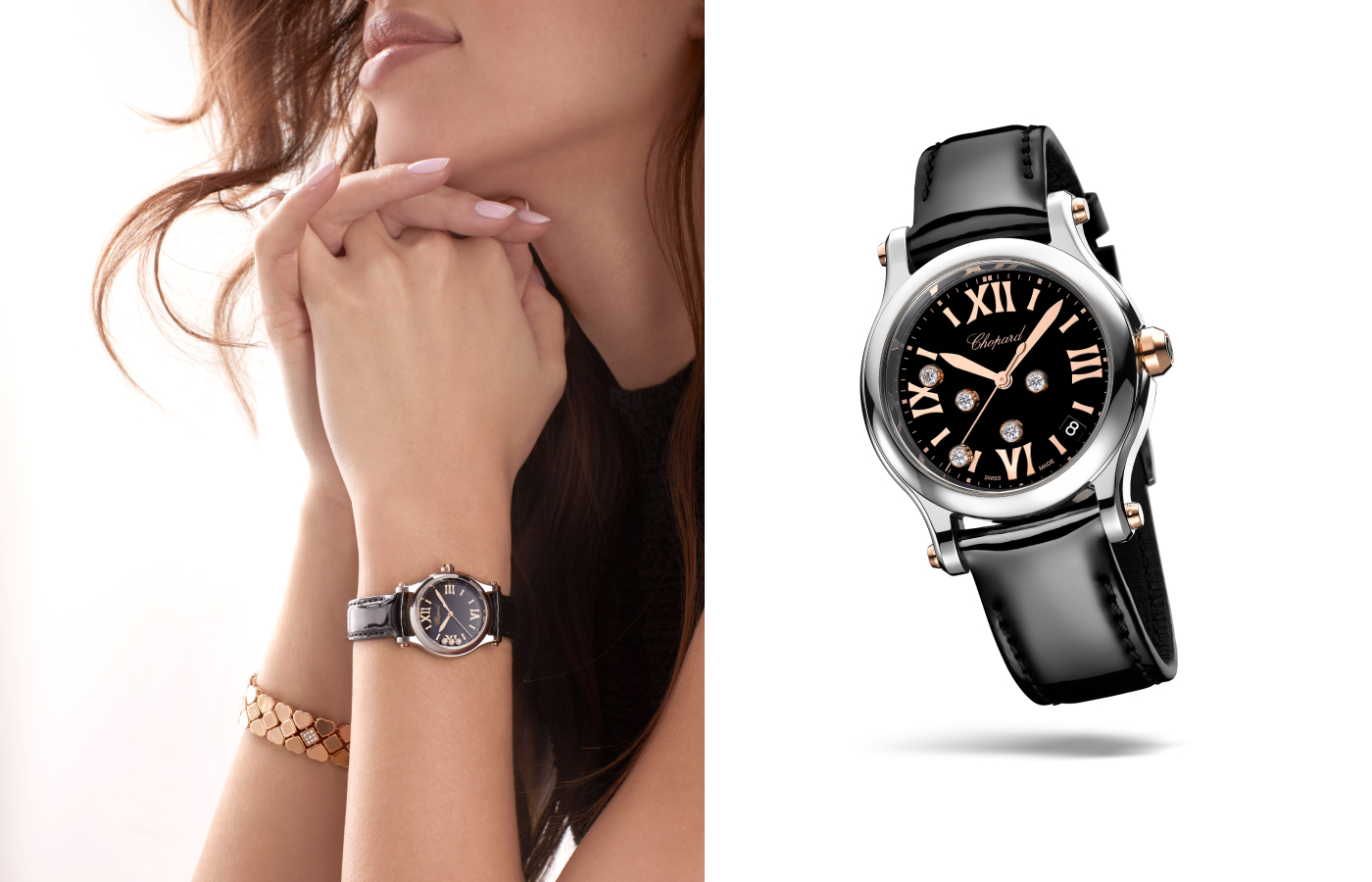 Chopard Happy Sport LBD watch in Lucent Steel, rose gold, a black-lacquered brass dial and 5 dancing bezel-set diamonds