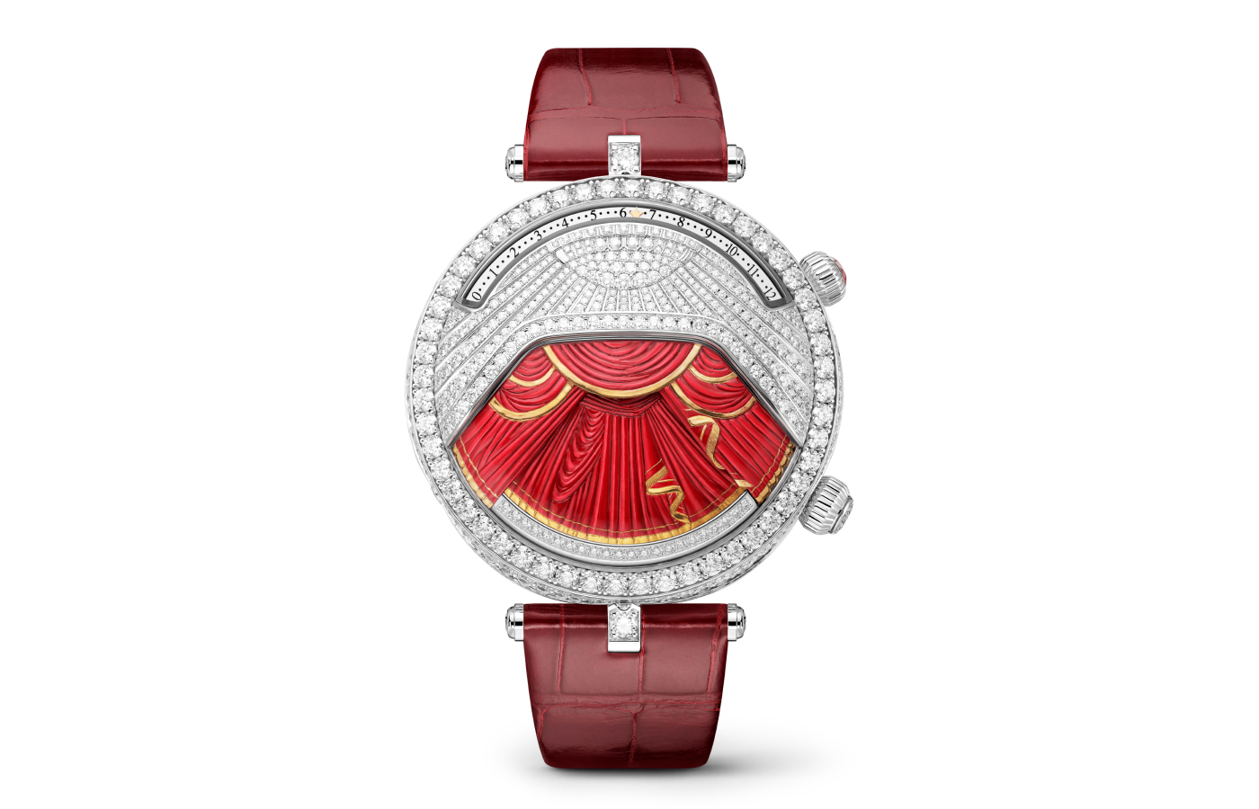 The Van Cleef & Arpels Lady Arpels Ballerine Musicale Rubis watch in 18k white gold with diamonds and rubies, to be showcased at the Poetry of Time exhibition in London