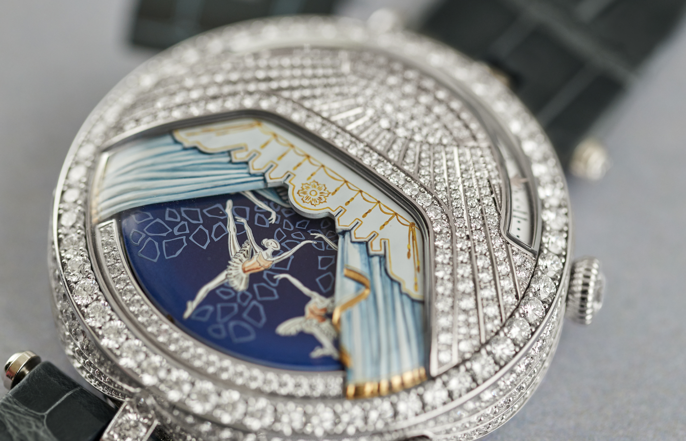 The Van Cleef & Arpels Lady Arpels Ballerine Musicale Diamant watch in 18k white gold and diamonds, to be showcased at the Poetry of Time exhibition in London 