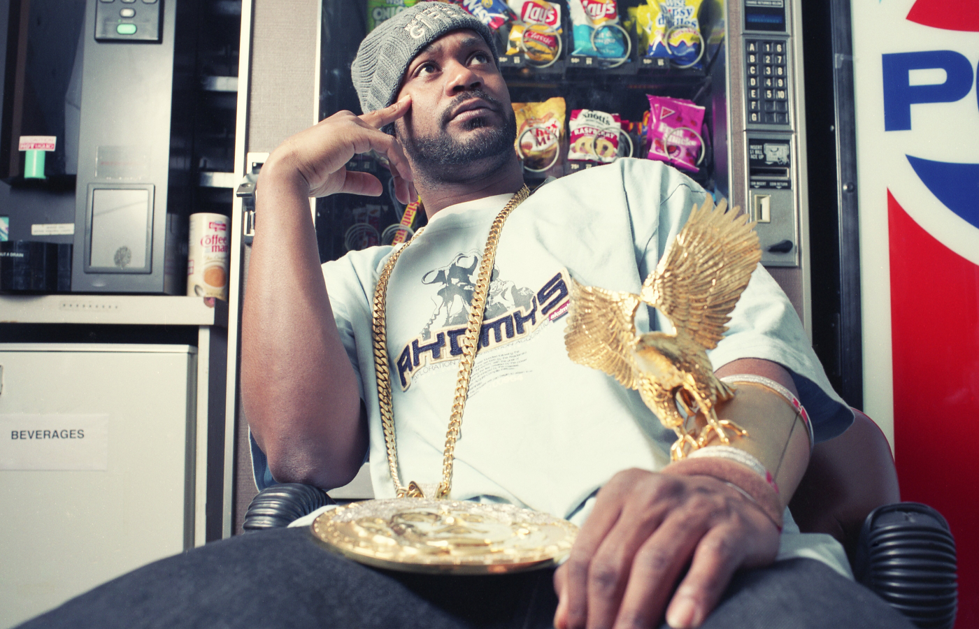 Ghostface Killah wears an incredible medallion pendant and Eagle bracelet, crafted in 14k gold by Jason Arasheben in the 1990s, which features in Ice Cold: An Exhibition of Hip-Hop Jewelry at the American Museum of Natural History. Credit Atsuko Tanaka