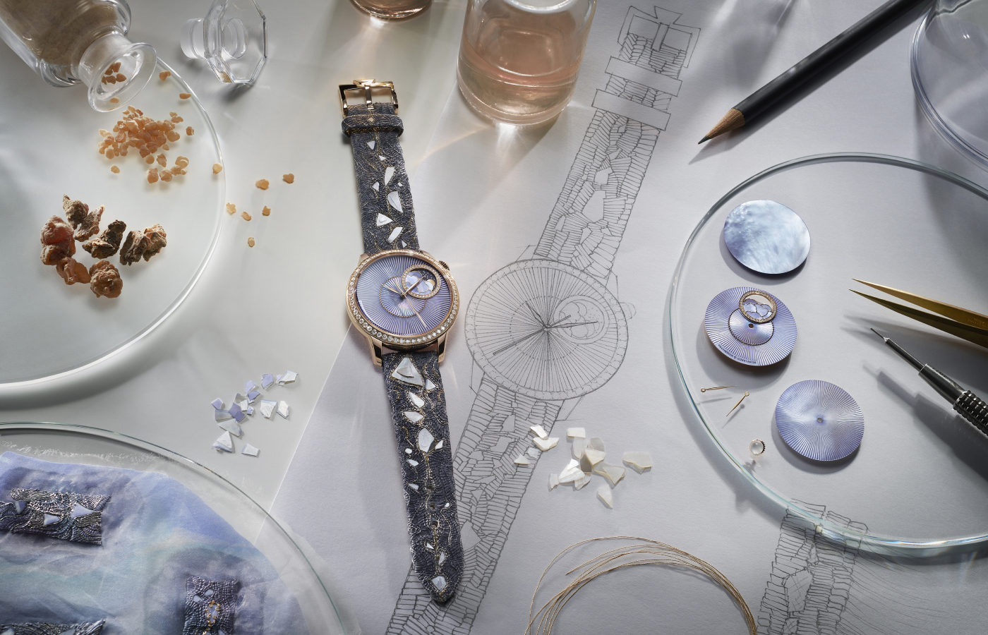 Vacheron Constantin Égérie - The Pleats of Time Moonphase x Yiqing Yin watch in pink gold, lilac mother-of-pearl and diamond on a calfskin leather strap adorned with artistic embroidery worked from silk threads, inlaid with mother-of-pearl fragments and encapsulated perfume