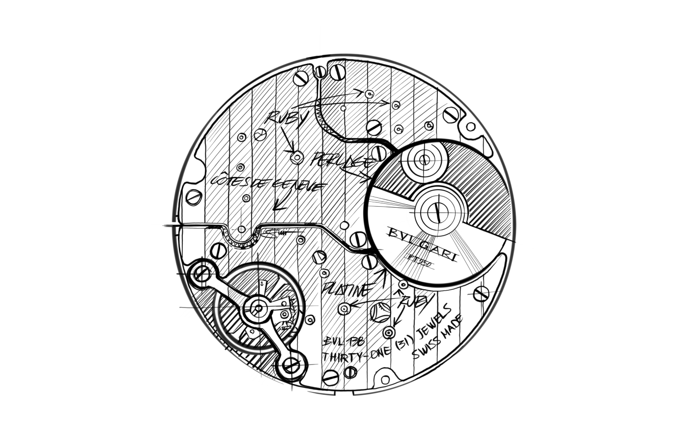 Sketch drawn by Bulgari’s Product Creation Executive Director Fabrizio Buonamassa Stigliani depicting the interior workings of the Octo Finissimo Automatic Sketch watch