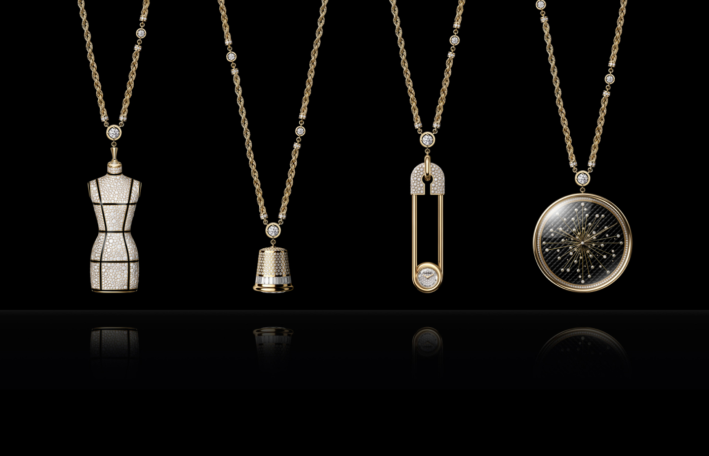 Chanel Couture O'Clock timpiece capsule collection including the Safety Pin Long Necklace Couture watch in gold snow-set with 286 brilliant-cut diamonds 
