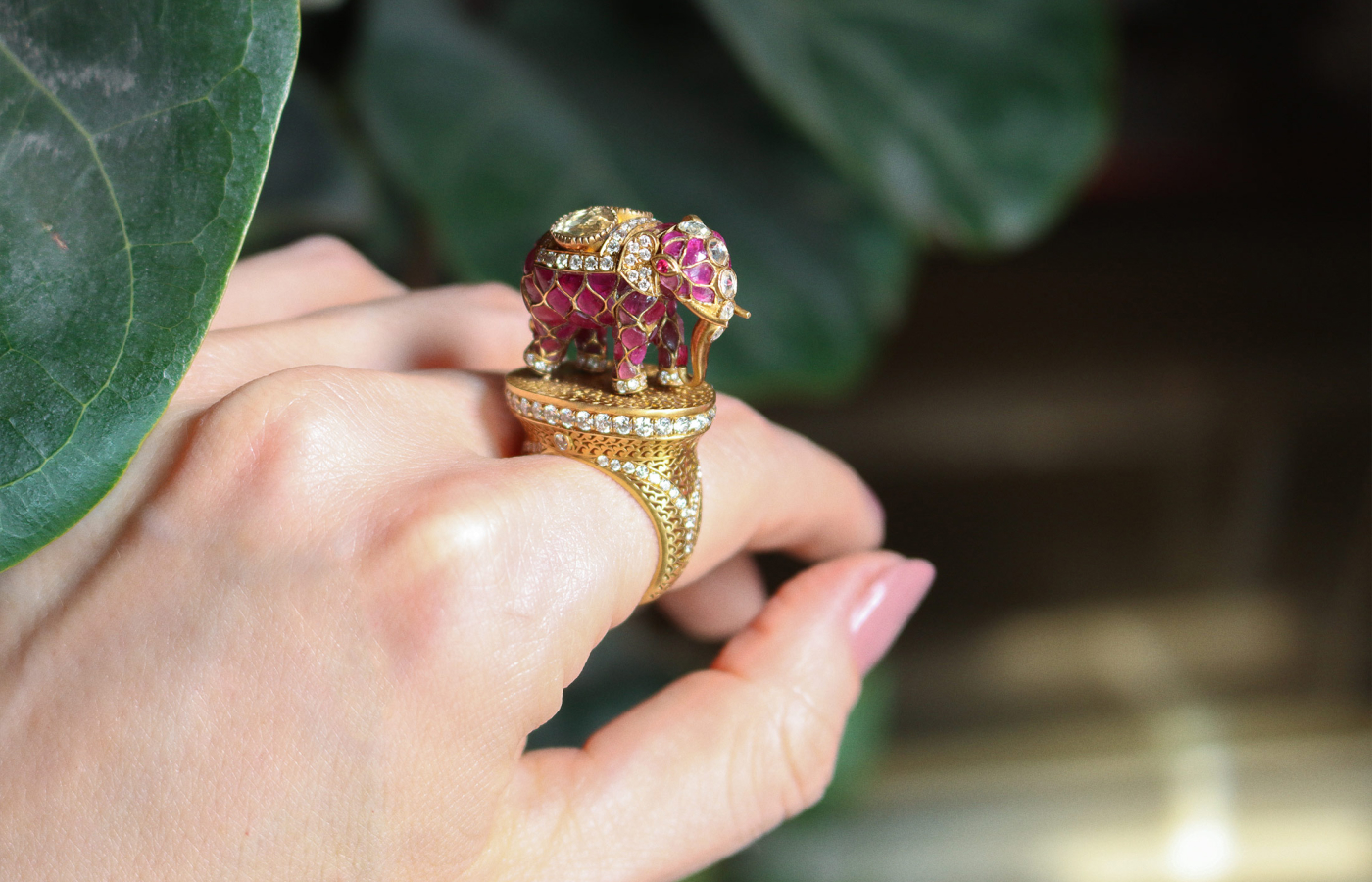 Katerina Perez wearing an Amrapali ring in gold set with rubies and diamonds
