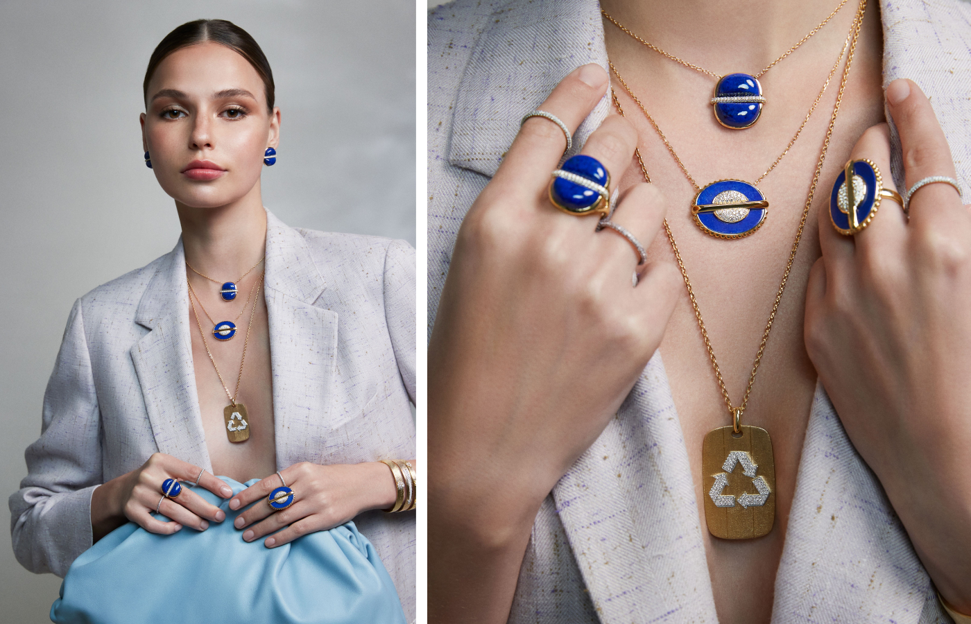 Model wearing Marceline Paris pieces from the Amrita collection and As Above So Below collection in rose gold, lapis lazuli and diamond 