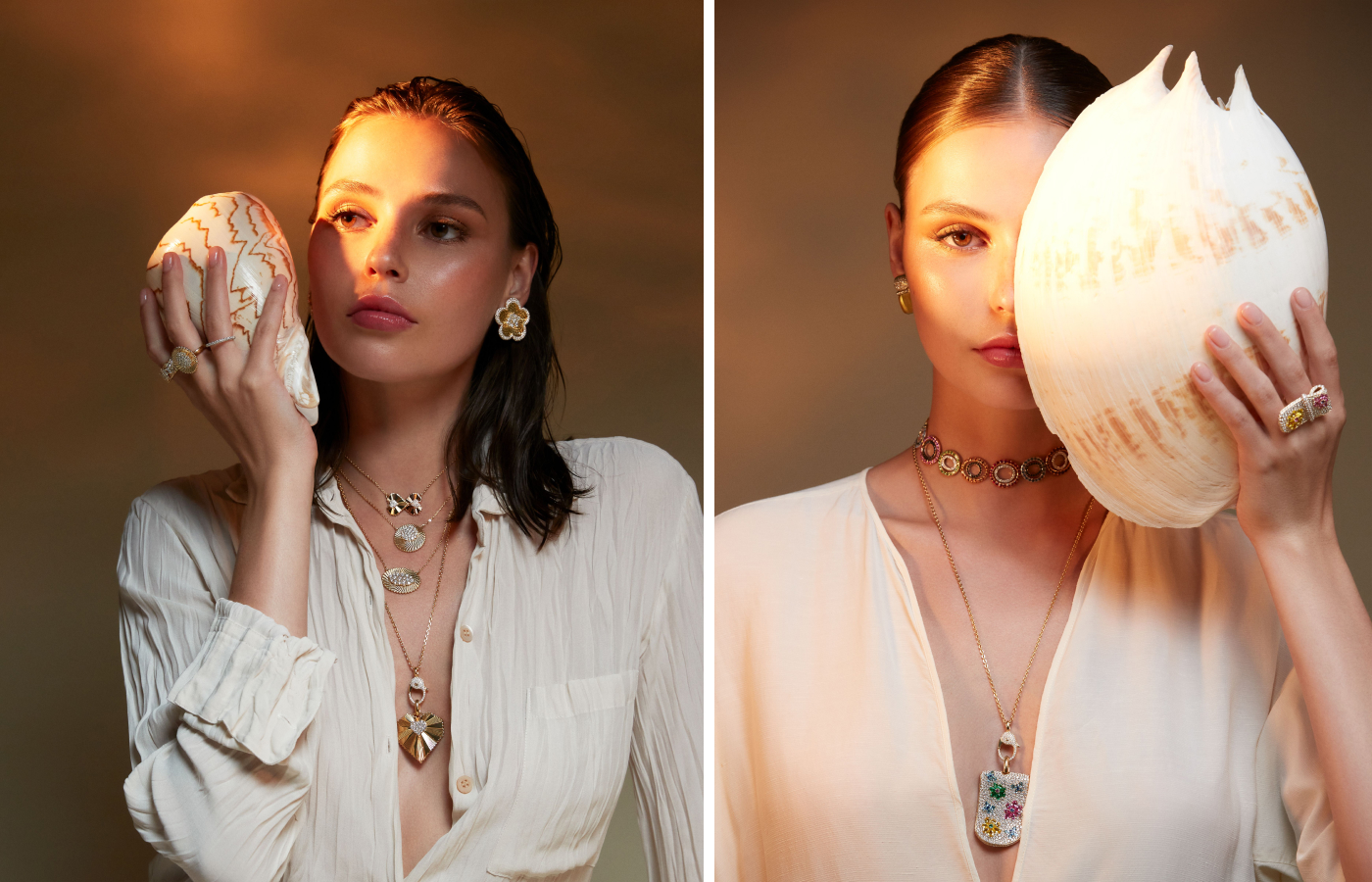 Model wearing Marceline Paris pieces from the Amrita collection, Seven Sisters collection, Eden collection, Love & Light Frequency collection and Flower of Life collection in gold, rose gold, yellow mother-of-pearl, citrine, sapphire, aquamarine, emerald and diamond