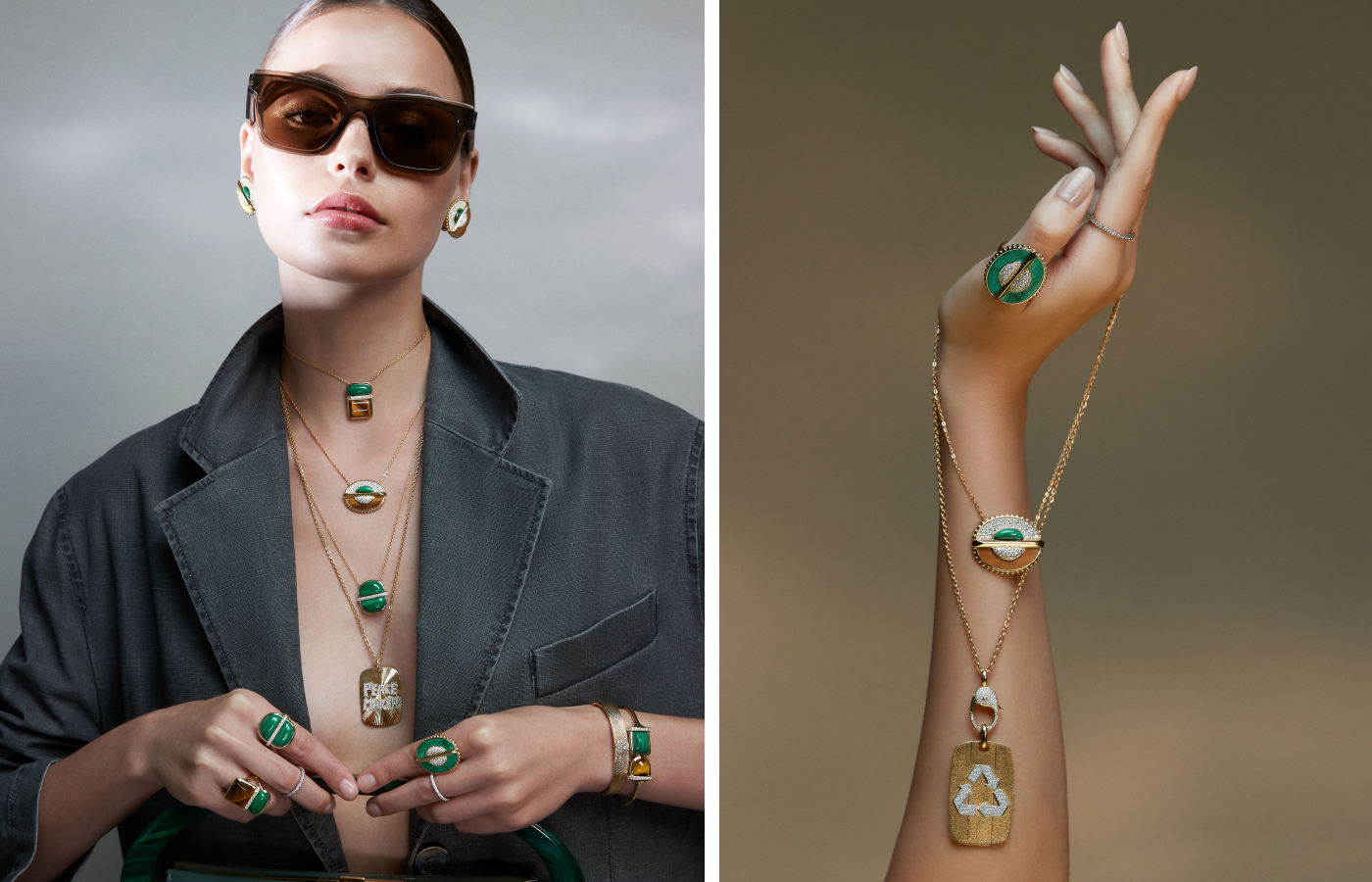 Model wearing Marceline Paris pieces from the Amrita collection, As Above So Below collection and Wisdom Graffiti collection in gold, malachite, tiger's eye and diamond