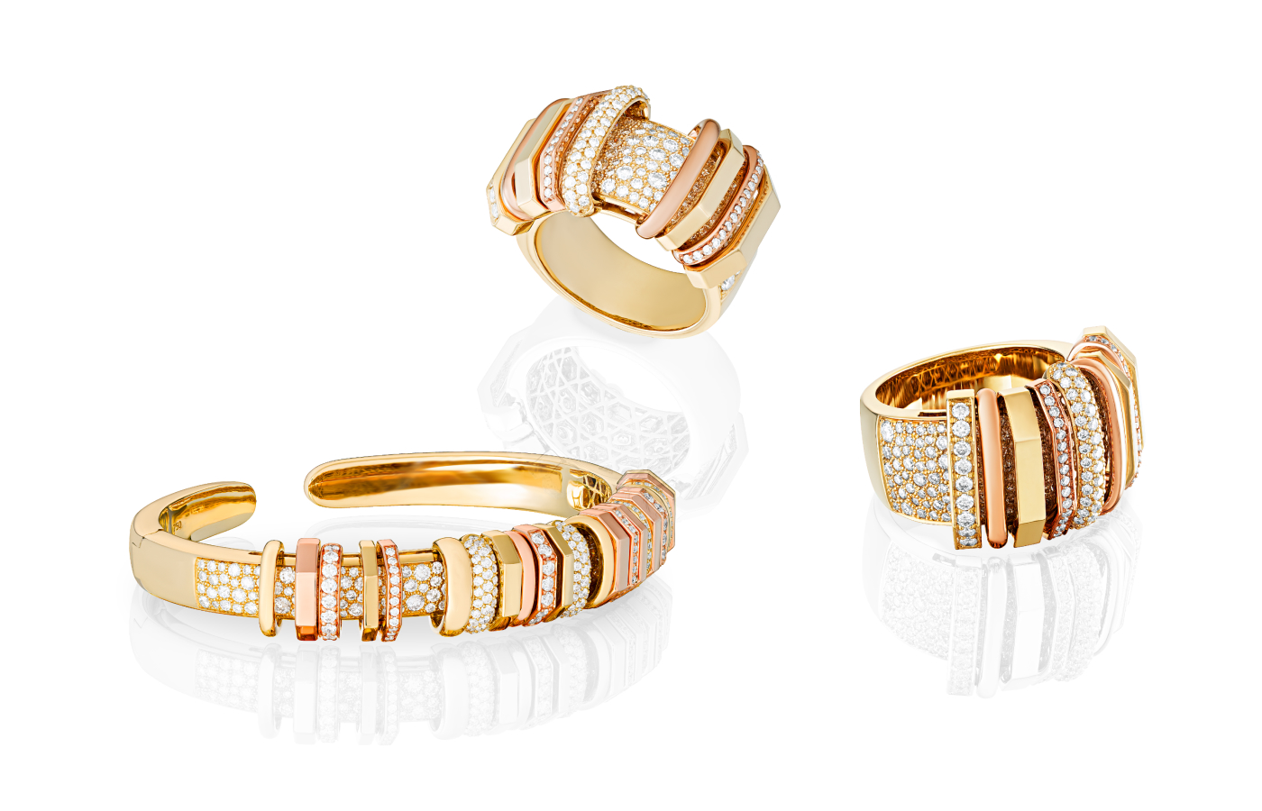 Marceline Paris Akasha rings and bracelet from the Akasha Whispering Truth collectioni in gold, rose gold and diamond