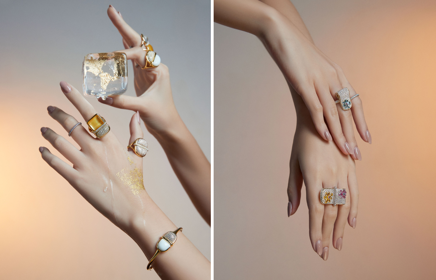 Models wearing Marceline Paris rings and bracelets from the Amrita collection and Eden collection in gold, white gold, white ceramic, citrine, sapphire, aquamarine and diamond 