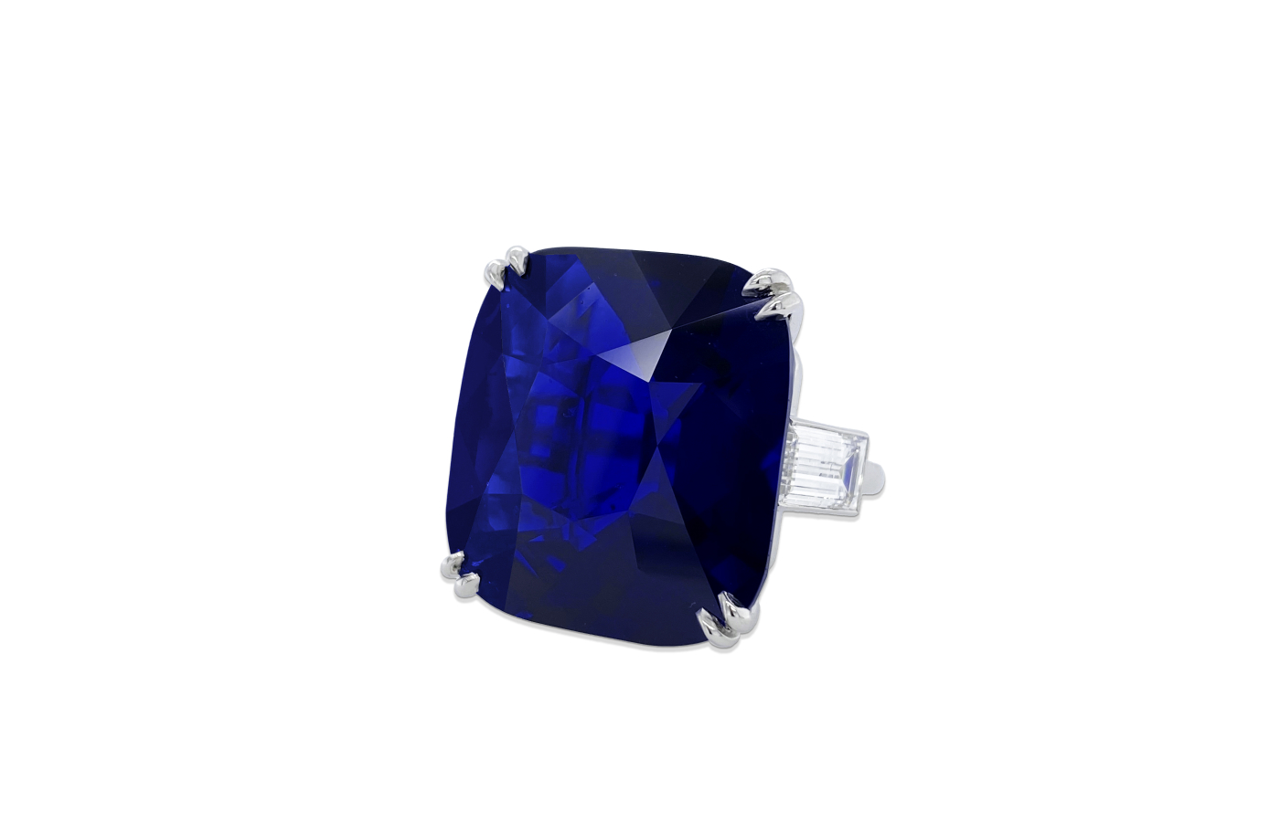 Bayco ring in platinum set with a 64-ct royal blue Ceylon sapphire and diamonds