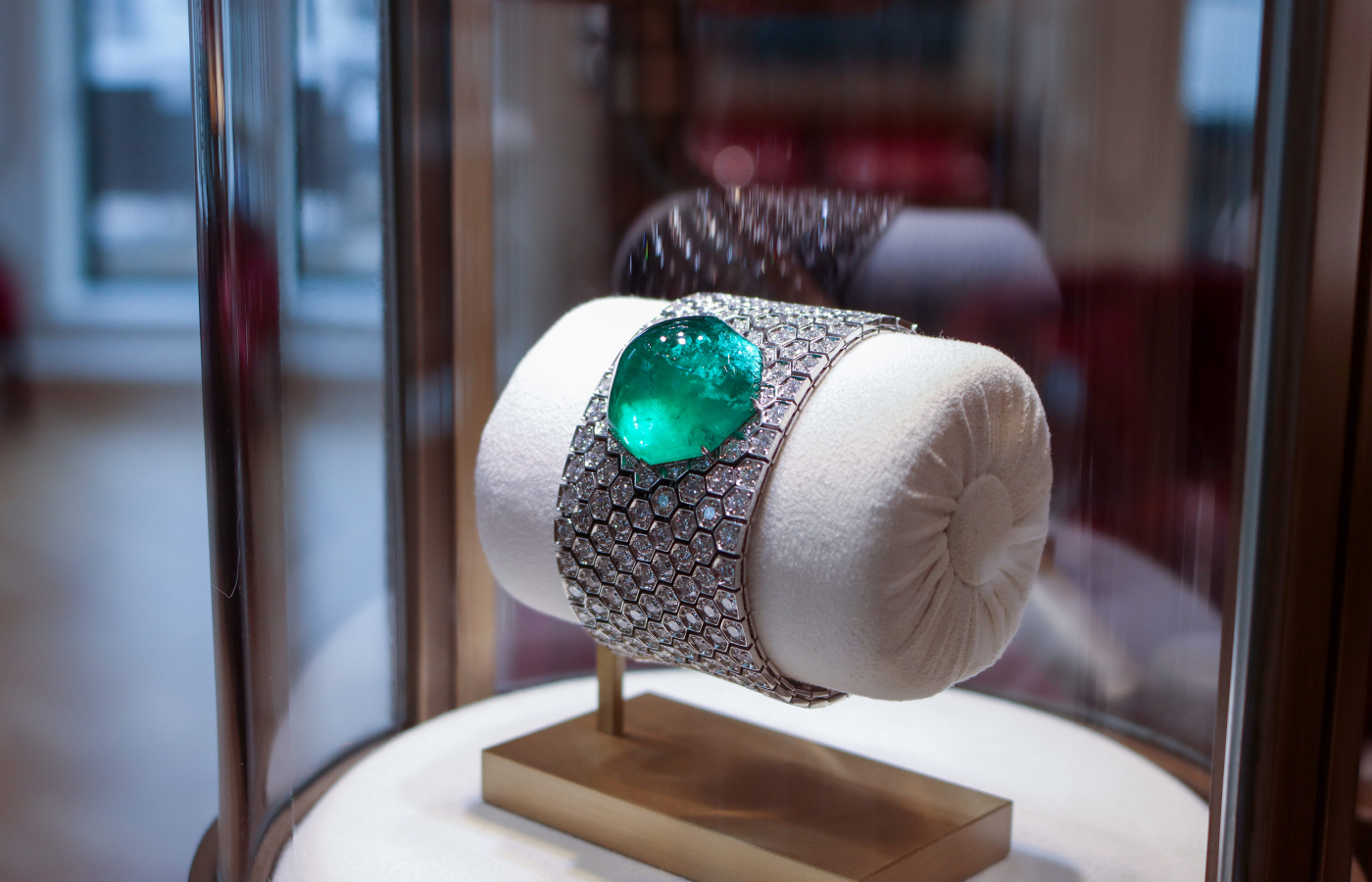 Bayco bracelet in platnium set with a 72-ct octagonal cabochon Zambian emerald and 41-cts of diamonds