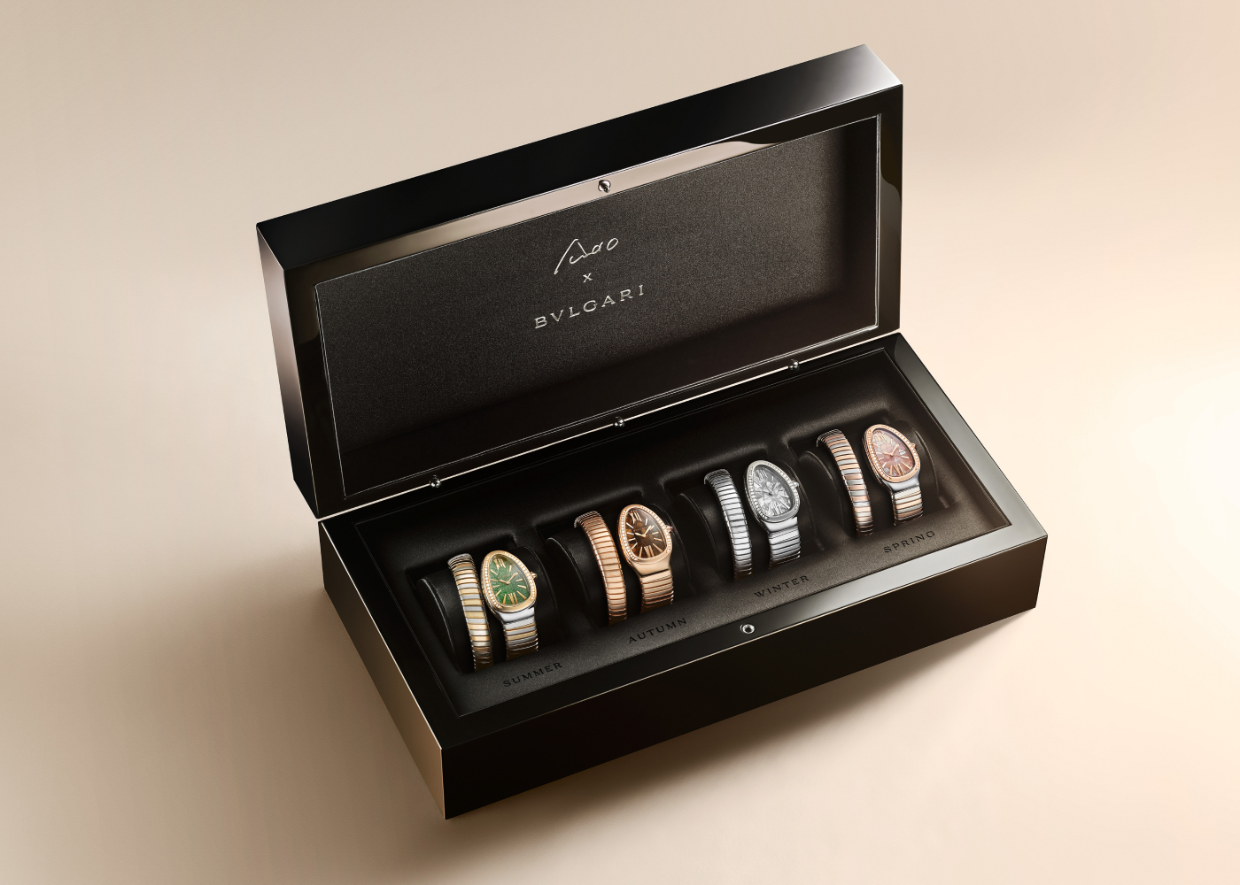 Bulgari Tadao Ando x Serpenti watches in gold, rose gold, white gold, green aventurine, tiger's eye, white and pink mother-of-pearl and diamond