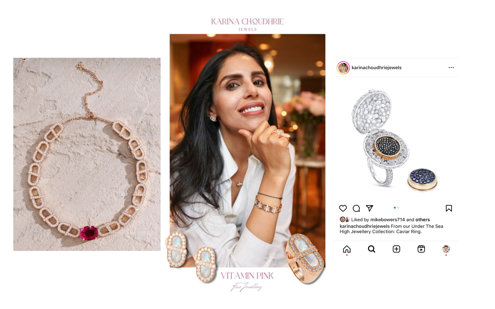 Designer Karina Choudhrie sourrounded by her creations including pieces from her Vitamin Pink collection in rose gold, mother-of-pearl, rubellite and diamond and her Under the Sea Caviar ring in gold, white gold, diamond and sapphire