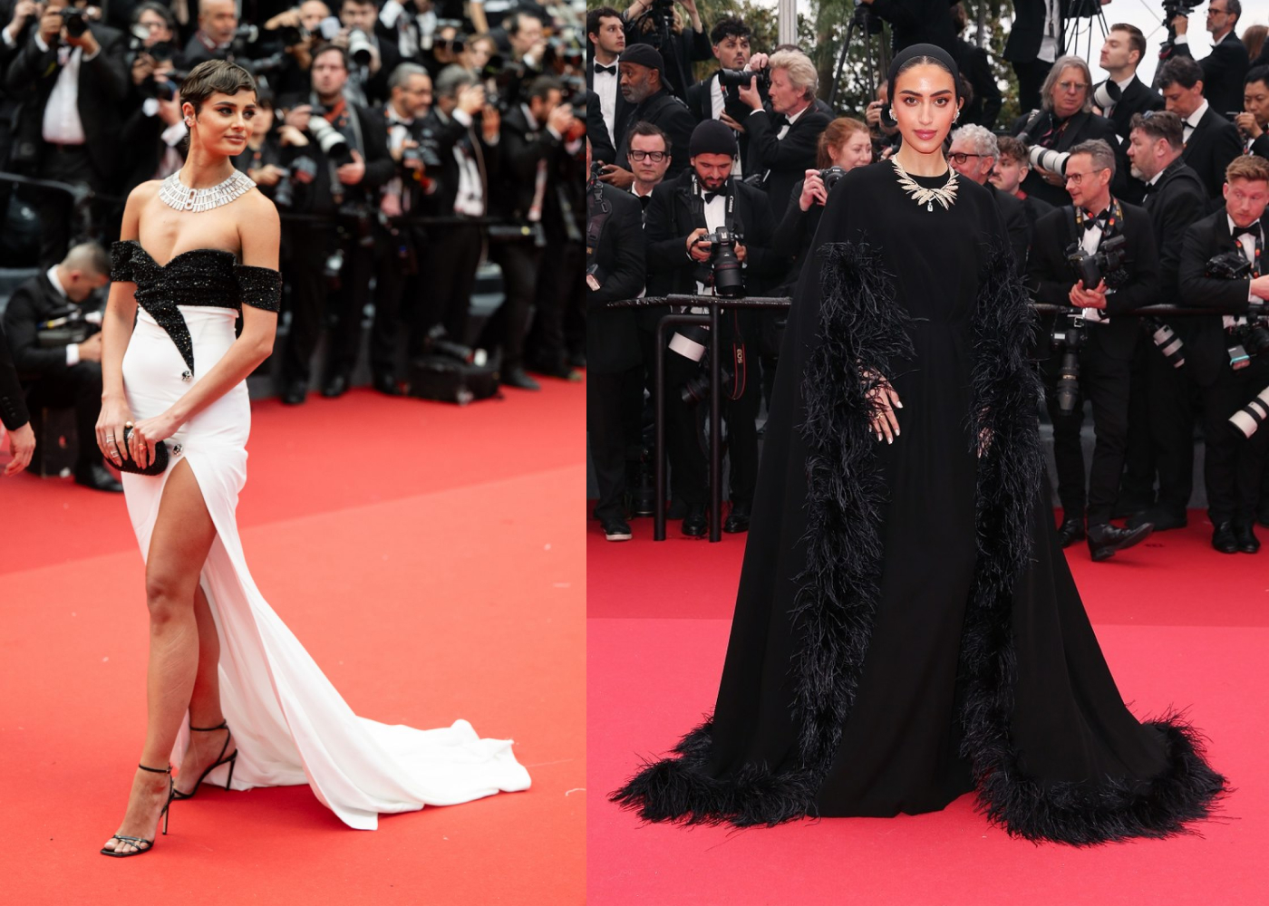 Supermodel Taylor Hill (left) wore the Messika Imperial Move necklace from the Beyond The Light High Jewellery collection, while Saudi entrepreneur Yara Alnamlah wowed in the Chaumet Blé (Wheat) necklace from the Le Jardin de Chaumet High Jewellery collection at the Cannes Film Festival 2024