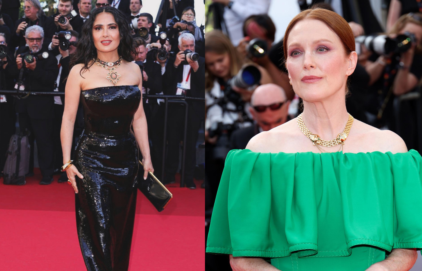 Salma Hayek (left) wearing the Boucheron Serpent long necklace in coral, onyx and yellow gold (1974) and Julianne Moore in a 1970s Cartier Panthère necklace in yellow gold at the Cannes Film Festival 2024