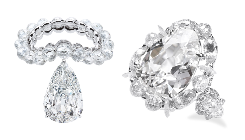 Left: Theodoros ring with a 7.05 cts old-mine diamond; Right: Suzanne Syz ring with a 5.69 cts diamond