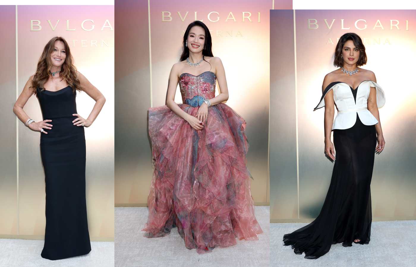 Celebrities attend the Bulgari Aeterna High Jewellery collection launch in Rome, including (from left to right) French model Carla Bruni, Taiwanese actress Shu Qi, and Indian actress Priyanka Chopra