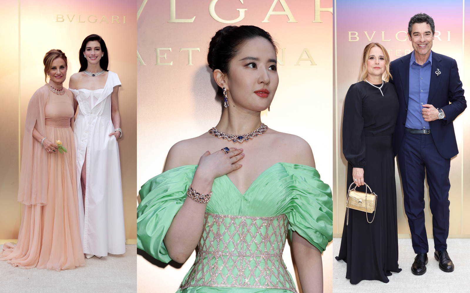 Guests attend the launch of the Bulgari Aeterna High Jewellery collection at the Terme di Diocleziano in Rome including (far left) Bulgari Jewellery Executive Creative Director Lucia Silvestri with actress Anne Hathaway