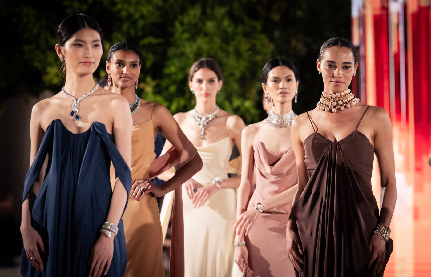 Models wearing new creations from the Bulgari Aeterna High Jewellery collection at the official launch event at the Terme di Diocleziano in Rome. Photo credit Gabriel De La Chapelle