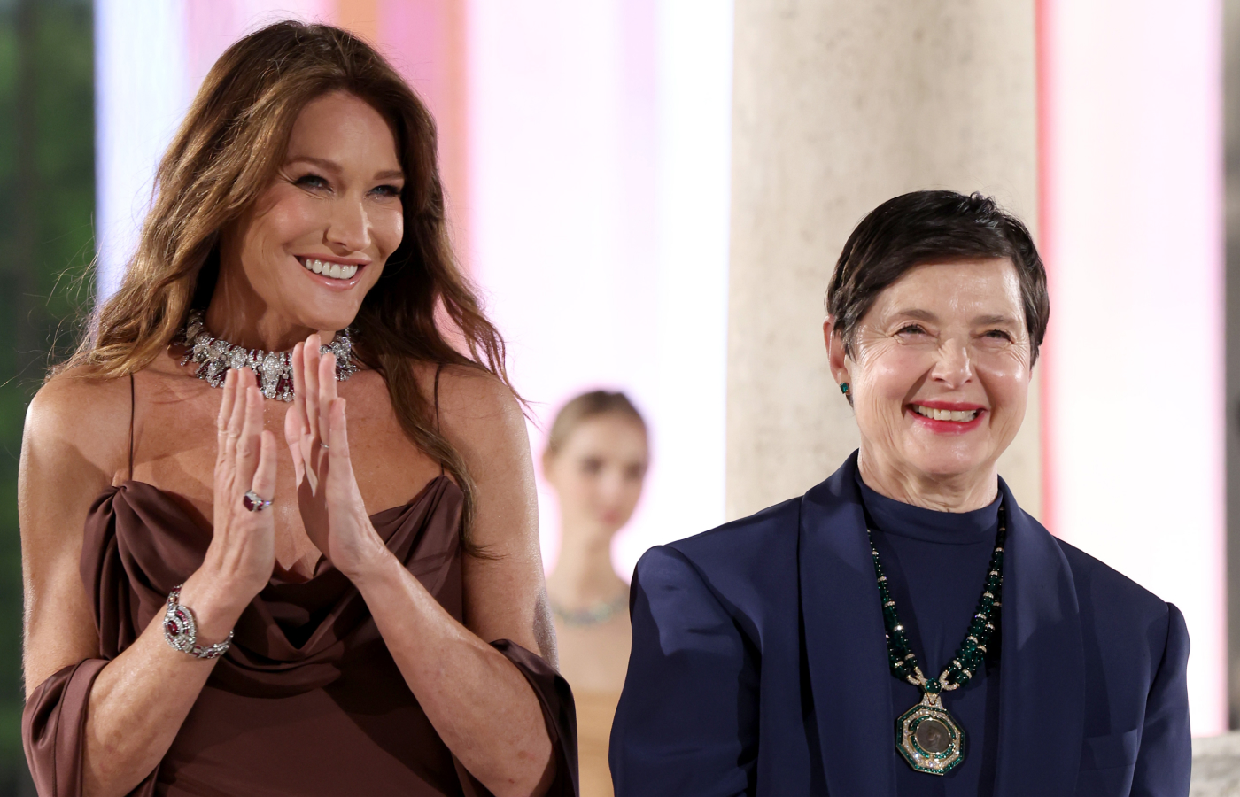 French model Carla Bruni and actress and filmmaker Isabella Rossellini wearing new pieces from the Bulgari Aeterna High Jewellery collection at the official launch event at the Terme di Diocleziano in Rome