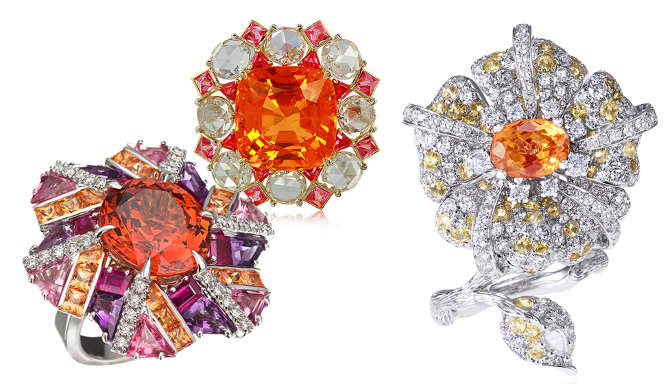 From left to right: Carlo Barberis one of a kind mandarin garnet cocktail ring with sapphires and diamonds; IVY New York spessartite garnet, spinel and diamond ring; 8. Anna Hu Duchess Hibiscus ring with mandarin garnet
