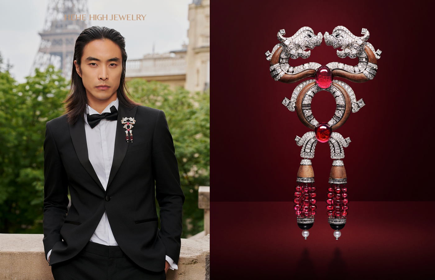 A model wears the HEHE High Jewelry Celestial Veneration Dual Dragon Disc brooch from the Ascending Dragon High Jewellery collection with sandalwood, diamonds and red tourmalines in platinum, also shown on the right 