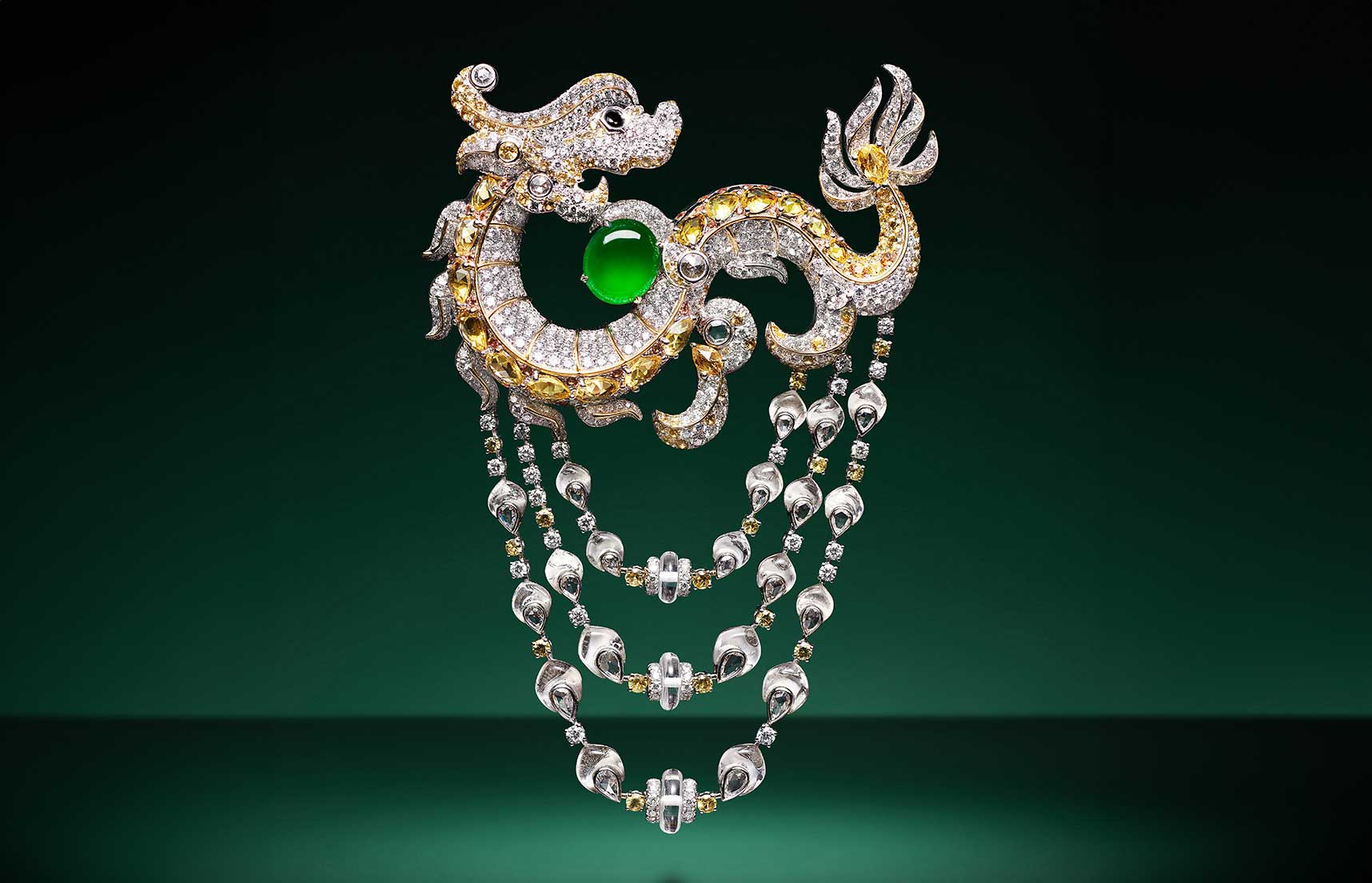 HEHE High Jewelry Dragon’s Bright Serenity Curled Grass brooch with diamonds, yellow sapphire, a green jadeite cabochon and rock crystal from the Ascending Dragon High Jewellery collection