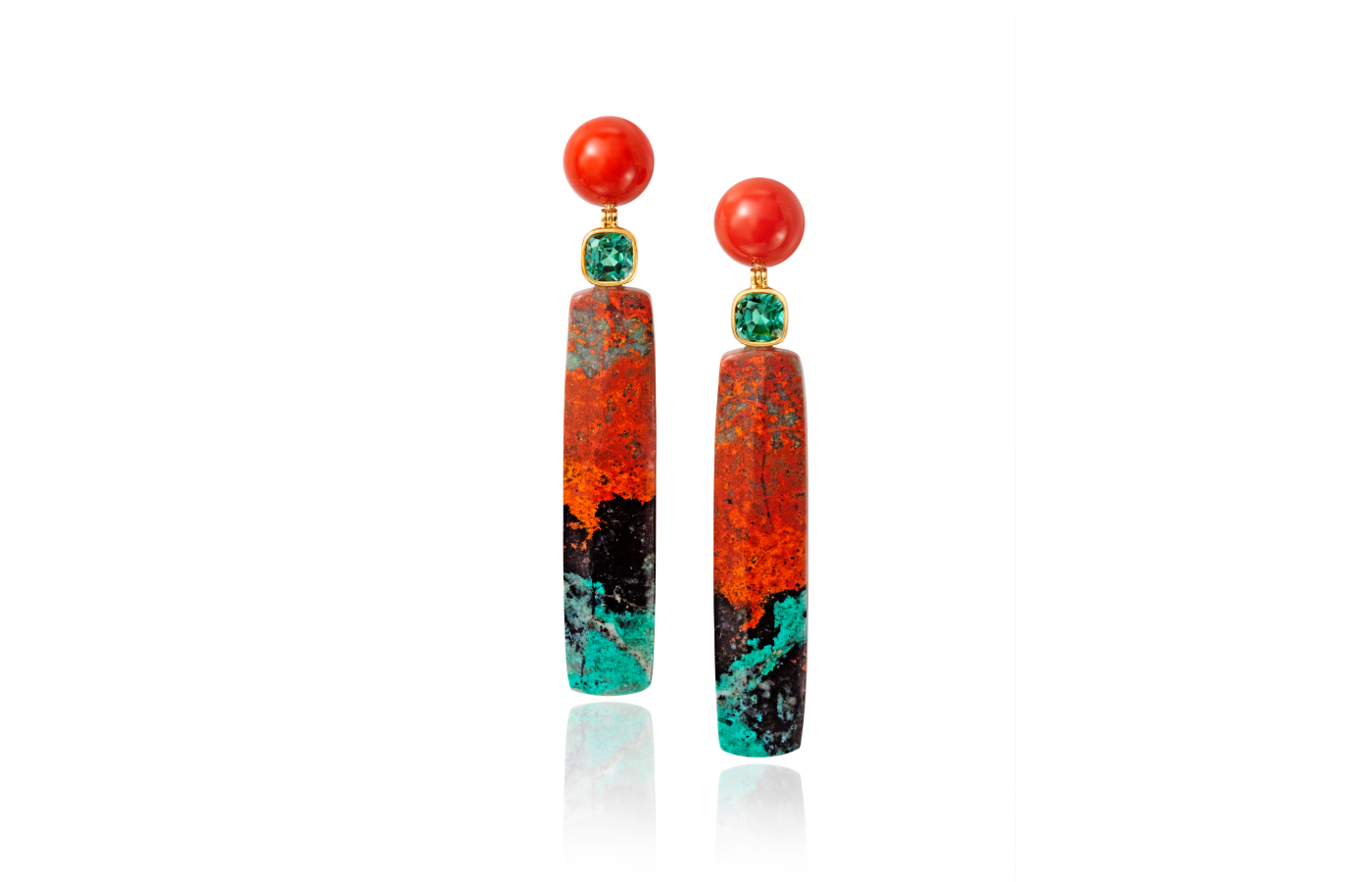 Assael earrings with Sardinian coral, 1.52 carats of lagoon tourmaline and two columns of sunrise jasper set in 18k yellow gold 