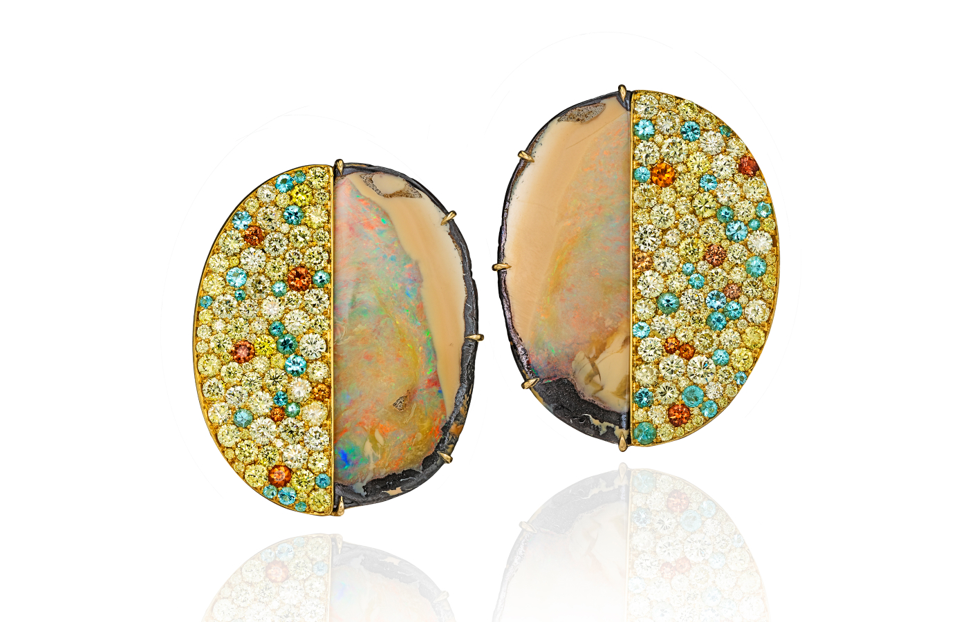Assael earrings with 33.60 carats of opal, 2.87 carats of fancy yellow diamonds, orange sapphires, and Paraiba tourmalines in 18k yellow gold 