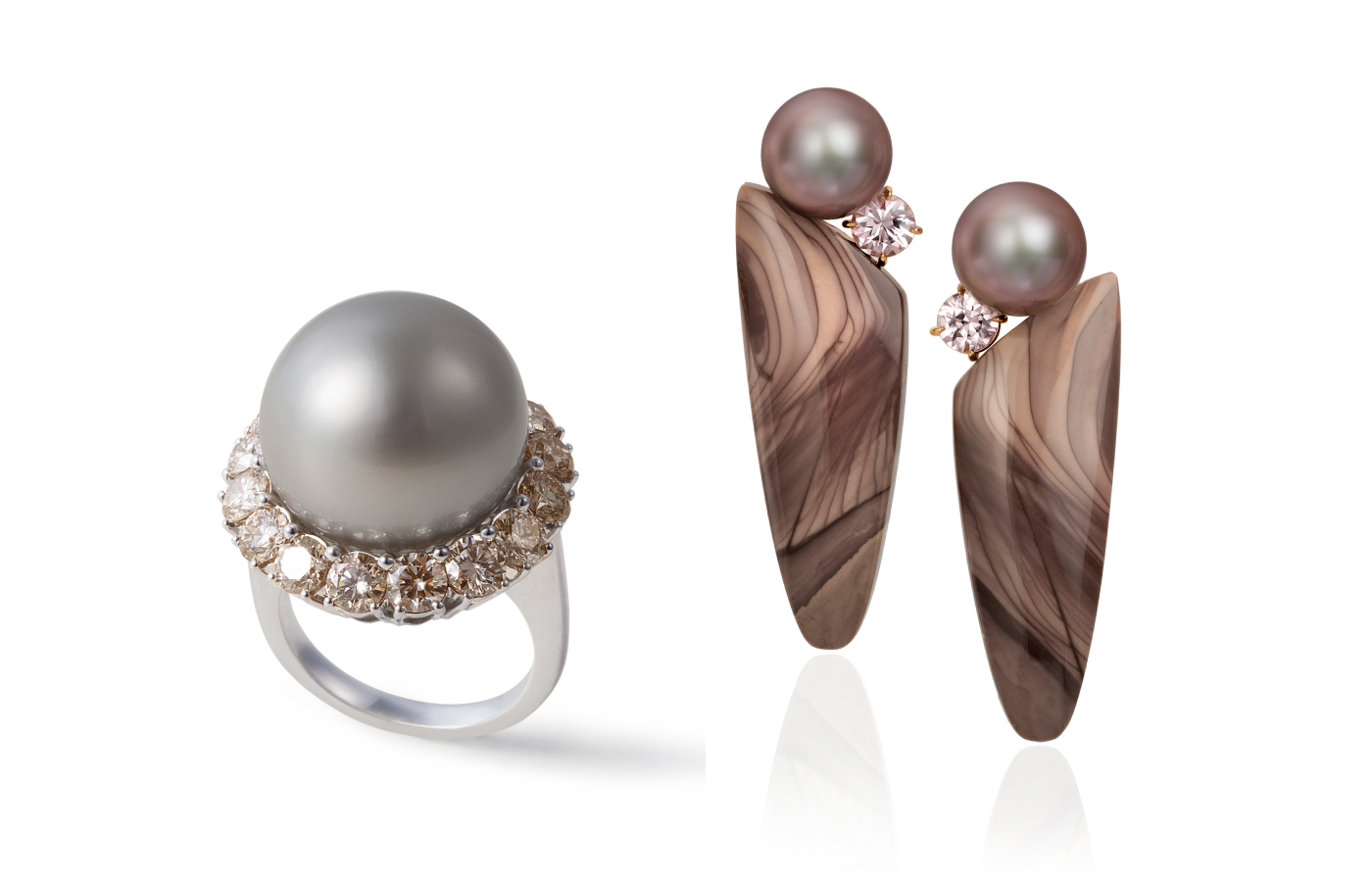Utopia Jewels ring in white gold, Tahitian pearl and champagne diamond, alongside Assael earrings in rose gold, jasper, spinel and Fijian pearl 