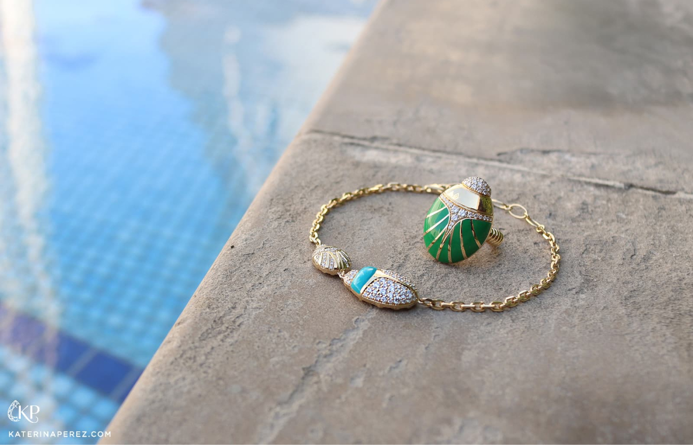 Rock by GS Scarab ring and bracelet from The Scarab collection with diamonds and enamel in 18k gold 