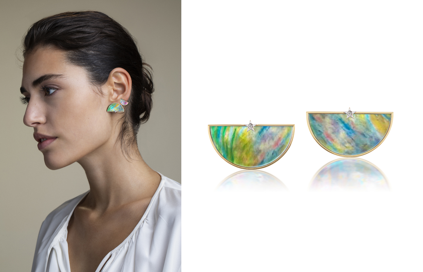 A model wears earrings from the Art Colore collection by Anna Maccieri Rossi and (right) the Art Colore Half an Hour earrings with hand-painted mother of pearl and diamonds in 18k yellow gold 