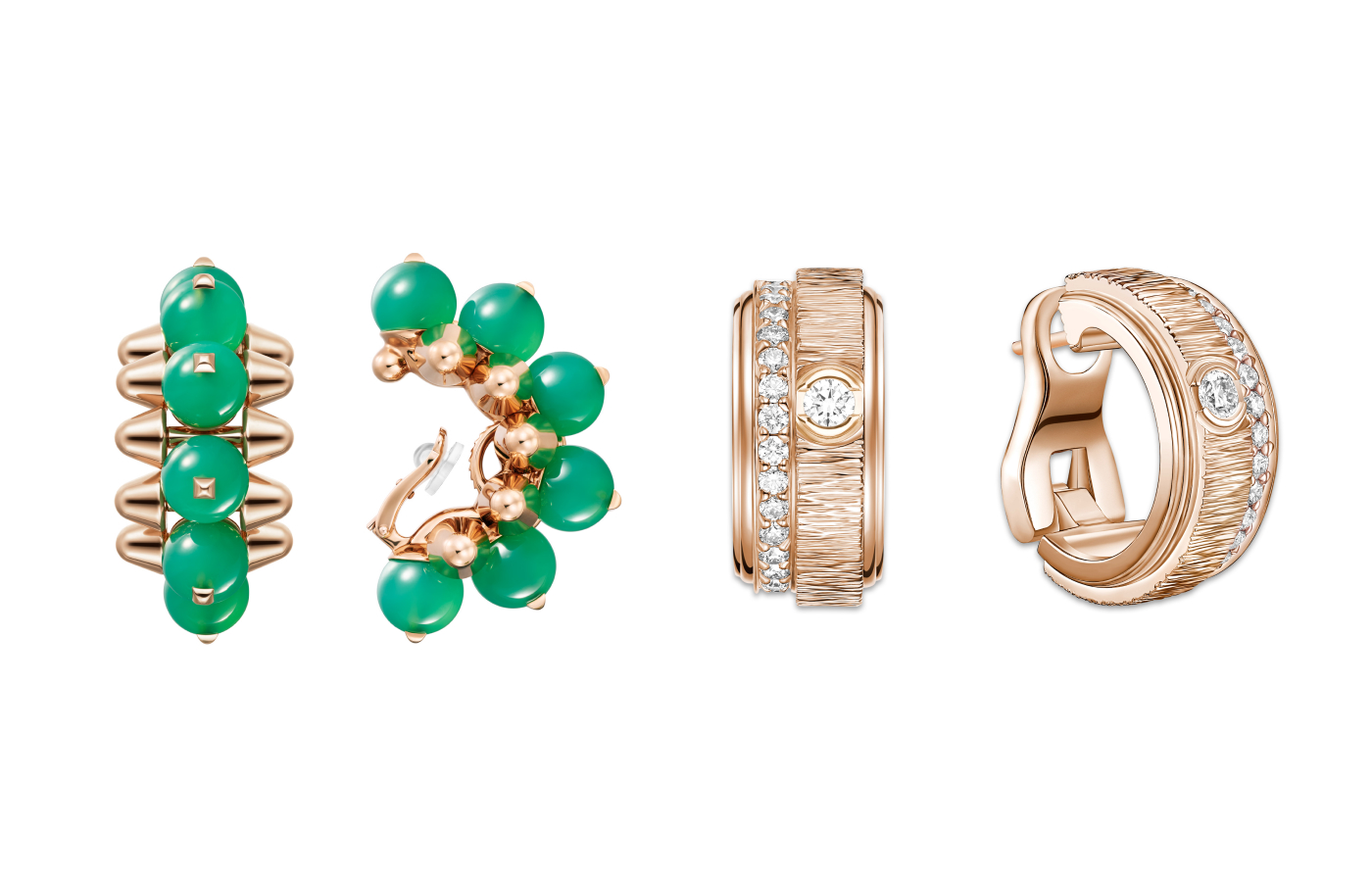 Cartier earrings from the Clash de Cartier XL Chrysoprase collection with chrysoprase beads in rose gold, alongside Рiaget earrings from the Possession 150th Anniversary collection with diamonds in rose gold