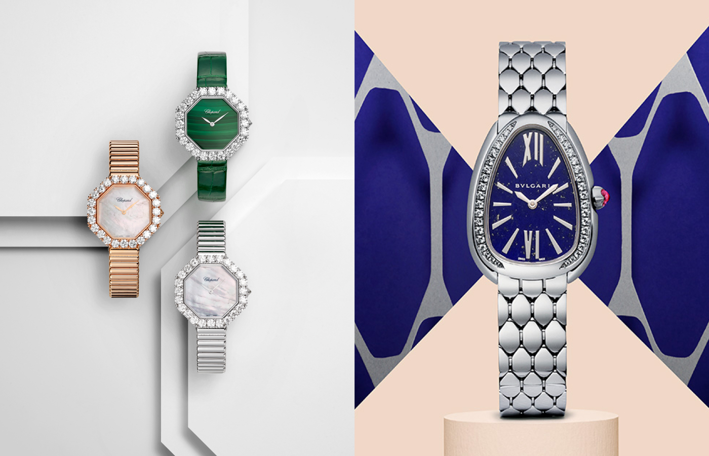 Chopard L’Heure du Diamant watches with textured mother-of-pearl and malachite dials in 18k ethical white gold and rose gold, alongside the Bulgari x Watches of Switzerland Exclusive Serpenti Seduttori watch with a Lapis lazuli dial and diamonds in steel