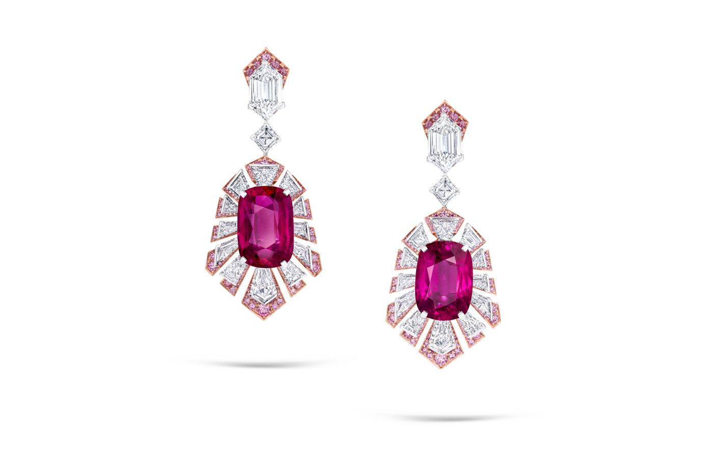 David Morris Lagoon Amaryllis earrings from the Mystic Cove high jewellery collection with 2 cushion-cut rubies weighing 37.59 - carats, pink diamonds and diamonds in white and rose gold