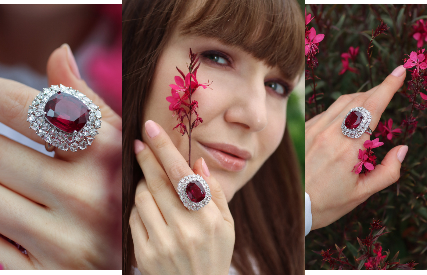 Katerina Perez wears a Gilin ring with an 11.72 carat rubellite surrounded by 2.58 carats of diamonds in 18k white gold 